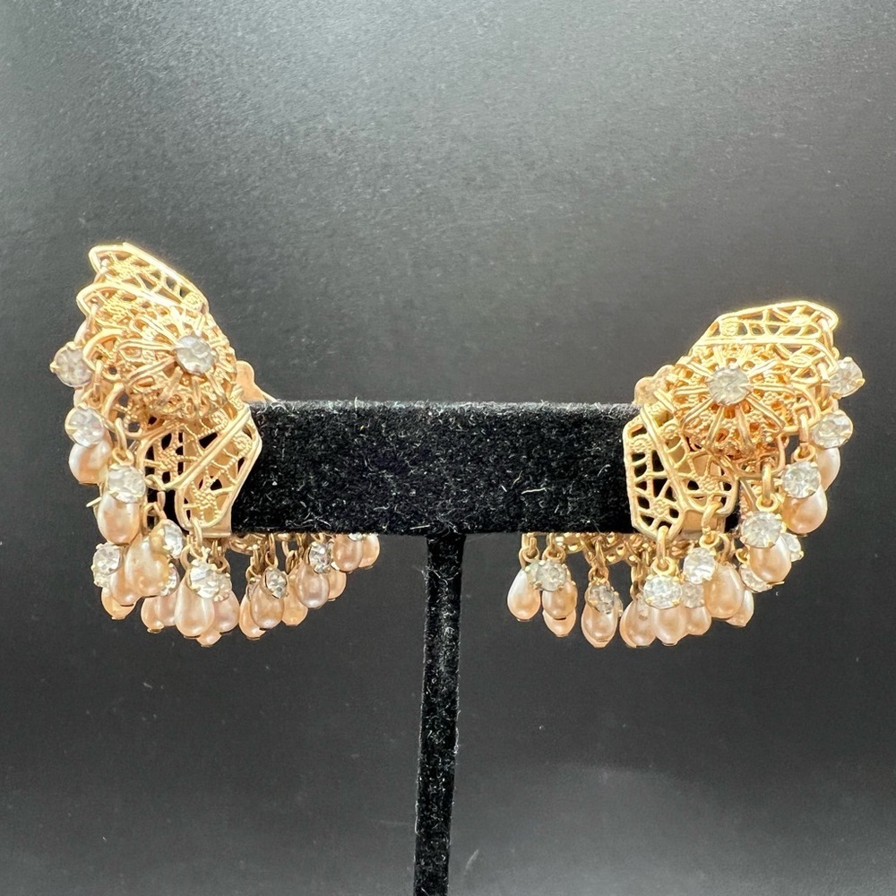 Vintage Estate Rhinestone Filigree Clip On Drop Balls Layered Cha Cha Earrings